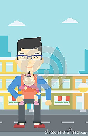 Father carrying his daughter in sling. Vector Illustration