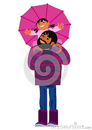 Father carrying his little daughter on shoulders. Happy family under an umbrella. Cartoon vector. Vector Illustration