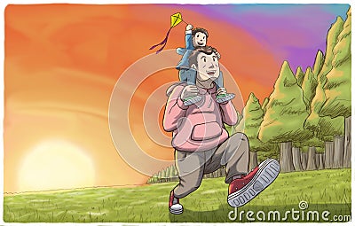 Father carrying his son on shoulders with sunset in background Stock Photo