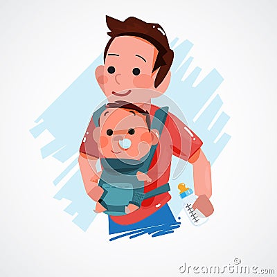 Father carrying little baby. character design. super dad concept Vector Illustration