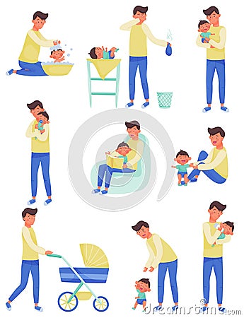 Father Character Nursing and Playing with Baby Vector Illustrations Set. Enjoying Fatherhood Concept Vector Illustration