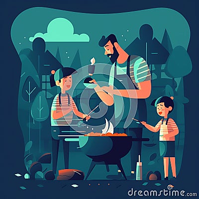 Father and child cooking grilling: A delicious and mouth-watering illustration of a father and child bonding over food Cartoon Illustration