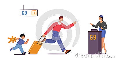 Father with Child Late for Plane Boarding. Man and Boy Run with Bags to Gates Upset with Missed Flight. Stressful Travel Vector Illustration