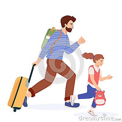 Father with child with suitcase and passport in a hurry trying to get his flight or train. Worried man and girl run with Vector Illustration