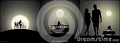 Set of vector illustration with silhouettes of people and retro cars on moonlit night Vector Illustration