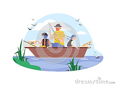 Father and children engaged in fishing, flat vector illustration isolated. Vector Illustration