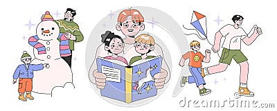 Father and children relationships set. Happy loving family, positive parenting Cartoon Illustration