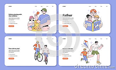 Father and children relationships web banner or landing page set. Cartoon Illustration
