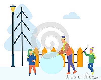 Father and Children Sculpting Snowman Outdoors Vector Illustration