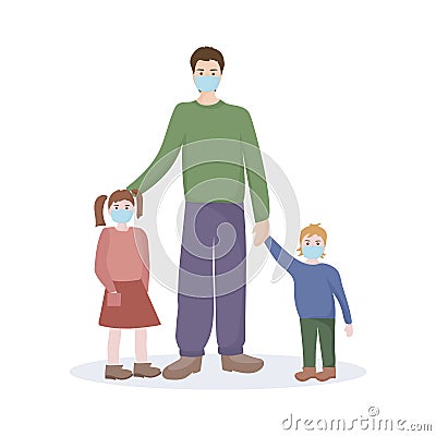 Father with children wearing medical masks. Parents take care of their children`s safety. Vector Illustration