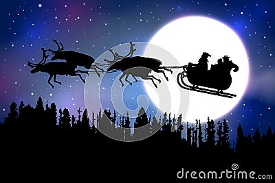 Father Christmas riding his sleigh with reindeer over a forest in front of a full moon on blue starry sky background. Vector Illustration