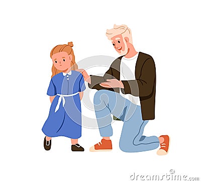 Father comforting, supporting offended girl daughter. Dad talking, speaking to kid. Man parent teaching, explaining to Vector Illustration