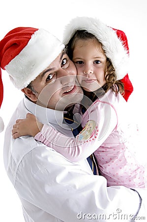 Father and cute daughter with christmas hat Stock Photo