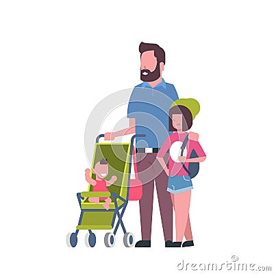 Father daughter baby son in stroller full length avatar on white background, successful family concept, flat cartoon Vector Illustration