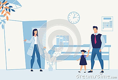 Father with Daughter Came to Pediatrician Cartoon Vector Illustration