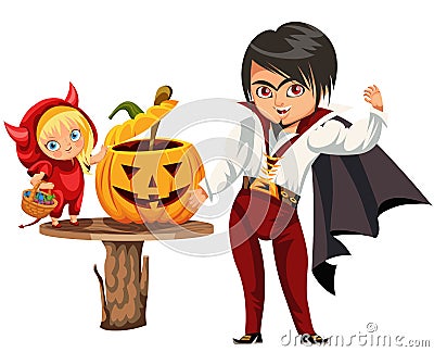 Father and daughter carving Hallows pumpkin poster Vector Illustration