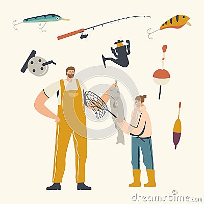 Father and Daughter Characters Fishing. Fisherman Holding Fish, Outdoor Relaxing Summertime Hobby. Fishman Good Catch Vector Illustration