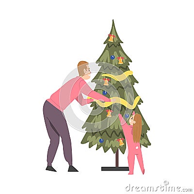 Father and Daughter Decorating Christmas Tree, Happy Family Preparing for Holiday Celebration, Merry Xmas and New Year Vector Illustration