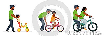 Father and daughter. Father helping daughter to ride a bike. The daughter takes the father on a bike. People generation Vector Illustration