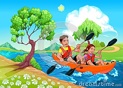 Father and daughter on the kayak in the river Vector Illustration