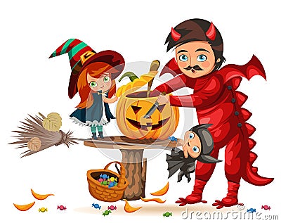 Father and daughter making Hallows pumpkin poster. Cartoon dad with child dressed in mystic costume of witch and dragon Vector Illustration