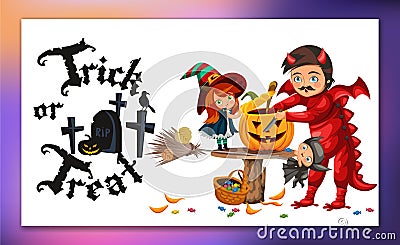 Father and daughter making Hallows pumpkin poster. Cartoon dad with child dressed in mystic costume of witch and dragon Vector Illustration