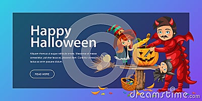 Father and daughter making Hallows pumpkin poster. Cartoon dad with child dressed in mystic costume of witch and dragon Vector Illustration