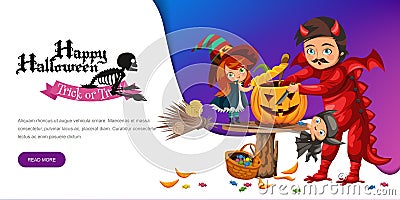 Father and daughter making Hallows pumpkin poster. Cartoon dad with child dressed in mystic costume of witch and dragon Vector Illustration