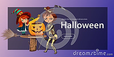 Father and daughter making Hallows pumpkin poster. Cartoon dad with child dressed in mystic costume of witch and dragon Vector Illustration