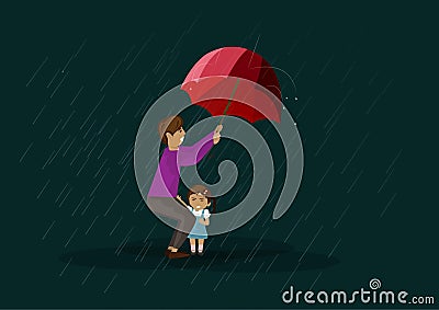 Father and daughter stand under an umbrella in the rain The concept of a storm in the rainy season. Flat style cartoon Vector Illustration