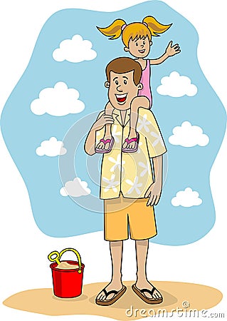 Father and Daughter waving Vector Illustration