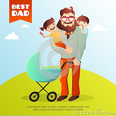 Father Day vector concept. Illustration with happy family. Hipster man and his children. Vector Illustration