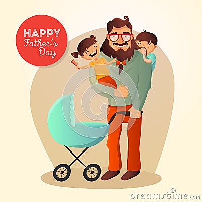 Father Day vector concept. Illustration with happy family. Hipster man and his children. Vector Illustration