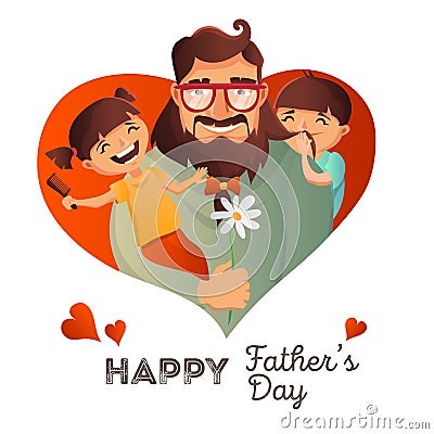 Father Day vector concept. Illustration with happy family. Hipster man and his children. Greeting card. Vector Illustration