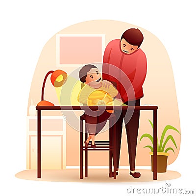 Father doing homework with little son at bedroom Vector Illustration