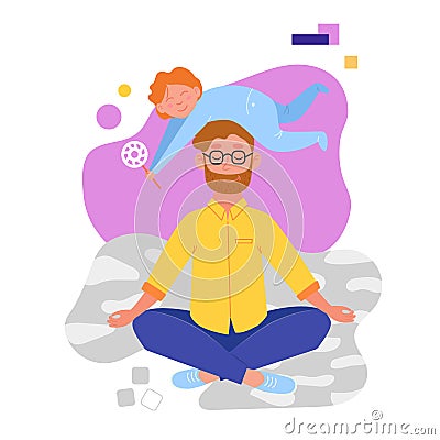 Father doing yoga and meditating visiting in a lotus pose with a cute naughty baby on his head. Illustration in vector Vector Illustration