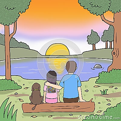 Father doughter and dog sitting while looking at sunset illustration Cartoon Illustration