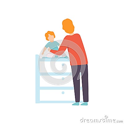 Father Dressing His Toddler Baby on Changing Table, Parent Taking Care of His Child Vector Illustration Vector Illustration