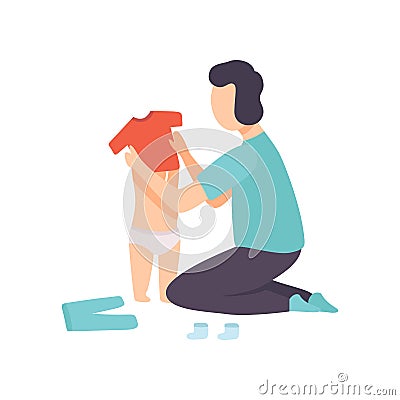 Father Dressing His Toddler Baby, Parent Taking Care of His Child Vector Illustration Vector Illustration