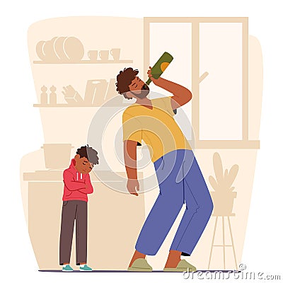 Father Drinks Alcohol, Son Stands beside Quietly. A Hint Of Sadness In The Child Eyes As He Wipes Away A Few Tears Vector Illustration