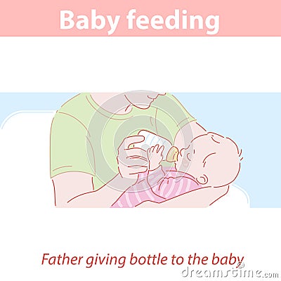 Father feeding baby with bottle of milk or formula. Vector Illustration