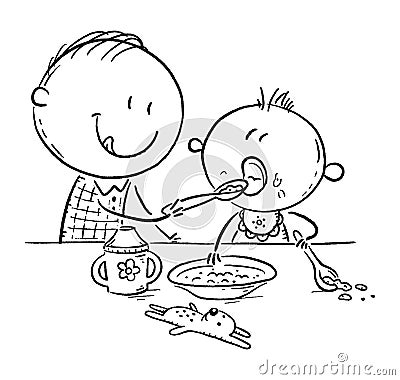 Father feeding baby, outline cartoon vector illustration Vector Illustration