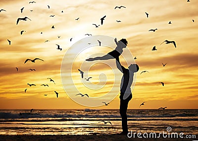 Father, flying child and beach silhouette of seaside travel holiday with birds in sunset background. Strong dad, happy Stock Photo