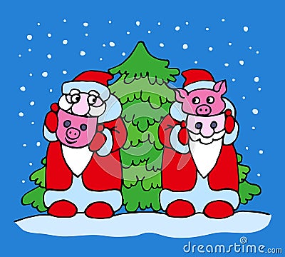 Father Frost and pig with masquerade masks near the Christmas tree Vector Illustration