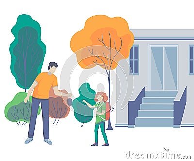 Father gives his daughter lunch box. Parent taking child to school. Back to school. Concept of friendly family. Vector Illustration