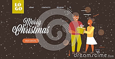 Father giving gift present box to daughter merry christmas happy new year winter holidays celebration concept greeting Vector Illustration