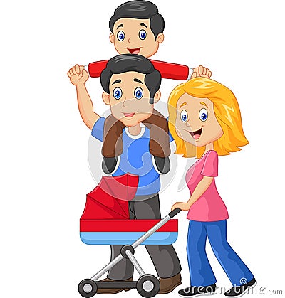 Father giving his son piggyback ride with mother pushing baby carriage Vector Illustration