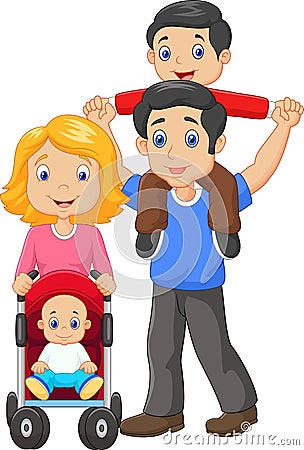 Father giving his son piggyback ride with mother pushing baby carriage Vector Illustration