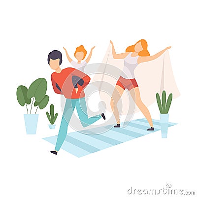 Father Giving Piggyback Ride to Son, Boy Playing with Parents in Living Room, Mother, Father and Their Son in Everyday Vector Illustration