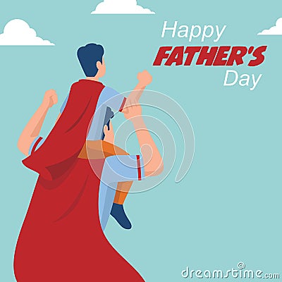 Father giving son ride on back wearing red cape Vector Illustration